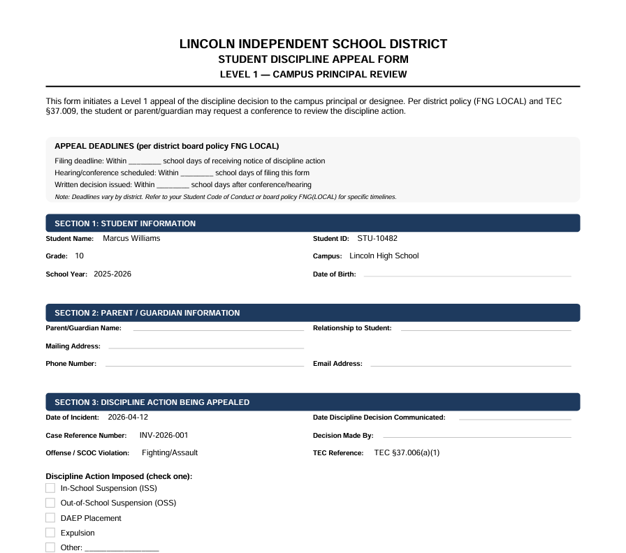 Professional Level 1 appeal form with student and discipline action sections