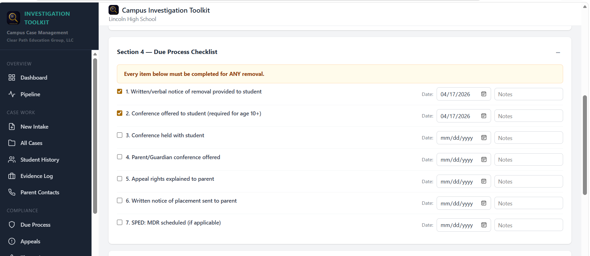 Due process checklist with 7 required items
