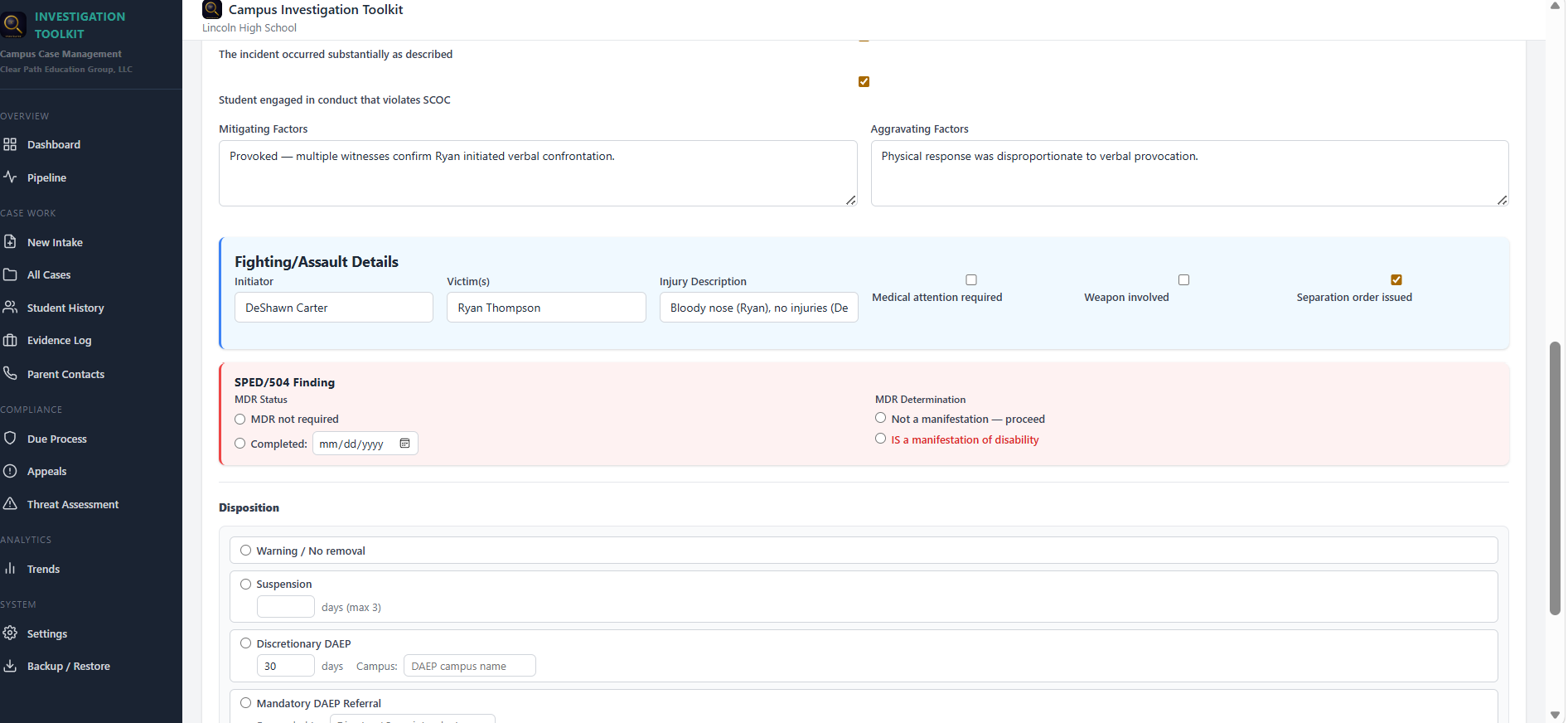 Findings screen with initiator, victim, mitigating and aggravating factors, MDR determination, disposition options